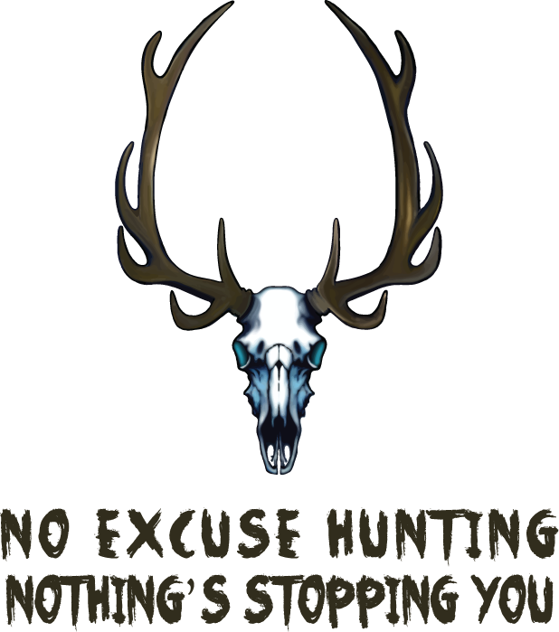 No Excuse Hunting deer skull and antler logo with the tagline Nothing's Stopping You.